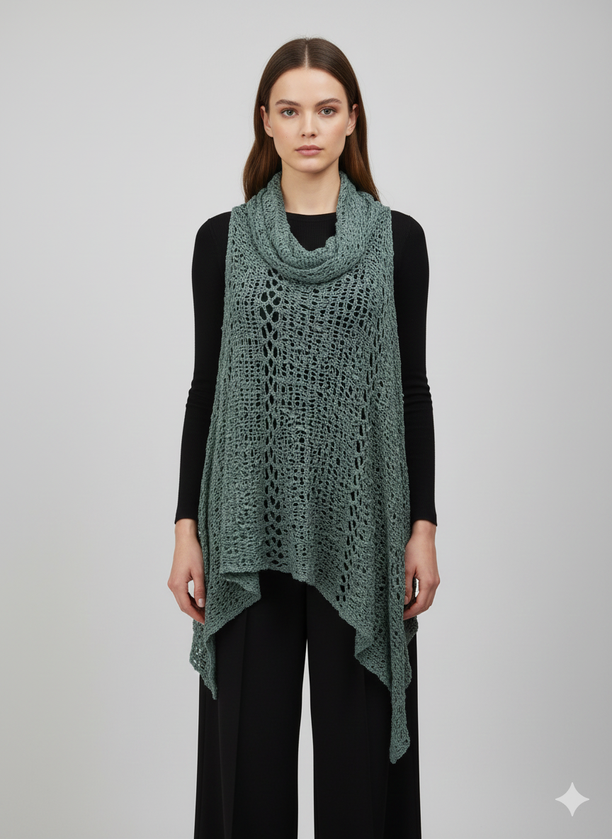 Womens Plus Size Boho Crochet Cowl Neck Knit Poncho Shawl Pullover Top Free Size 8 - 28 - SKY BLUE