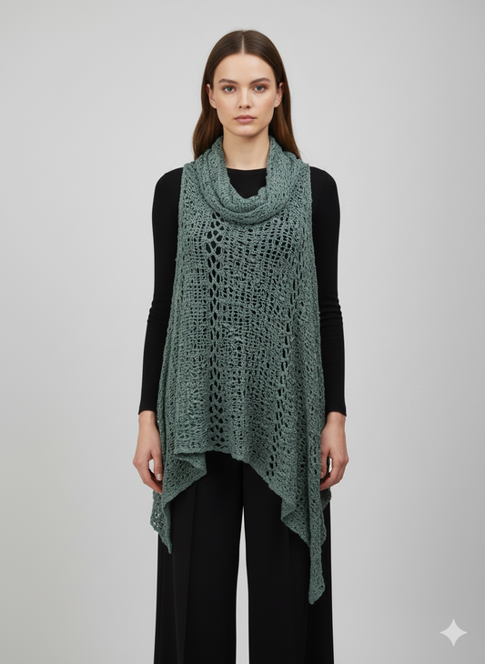 Womens Plus Size Boho Crochet Cowl Neck Knit Poncho Shawl Pullover Top Free Size 8 - 28 - SKY BLUE