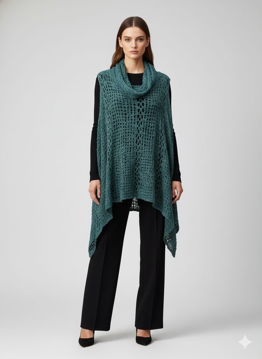 Womens Plus Size Boho Crochet Cowl Neck Knit Poncho Shawl Pullover Top Free Size 8 - 28 - TURQOUISE