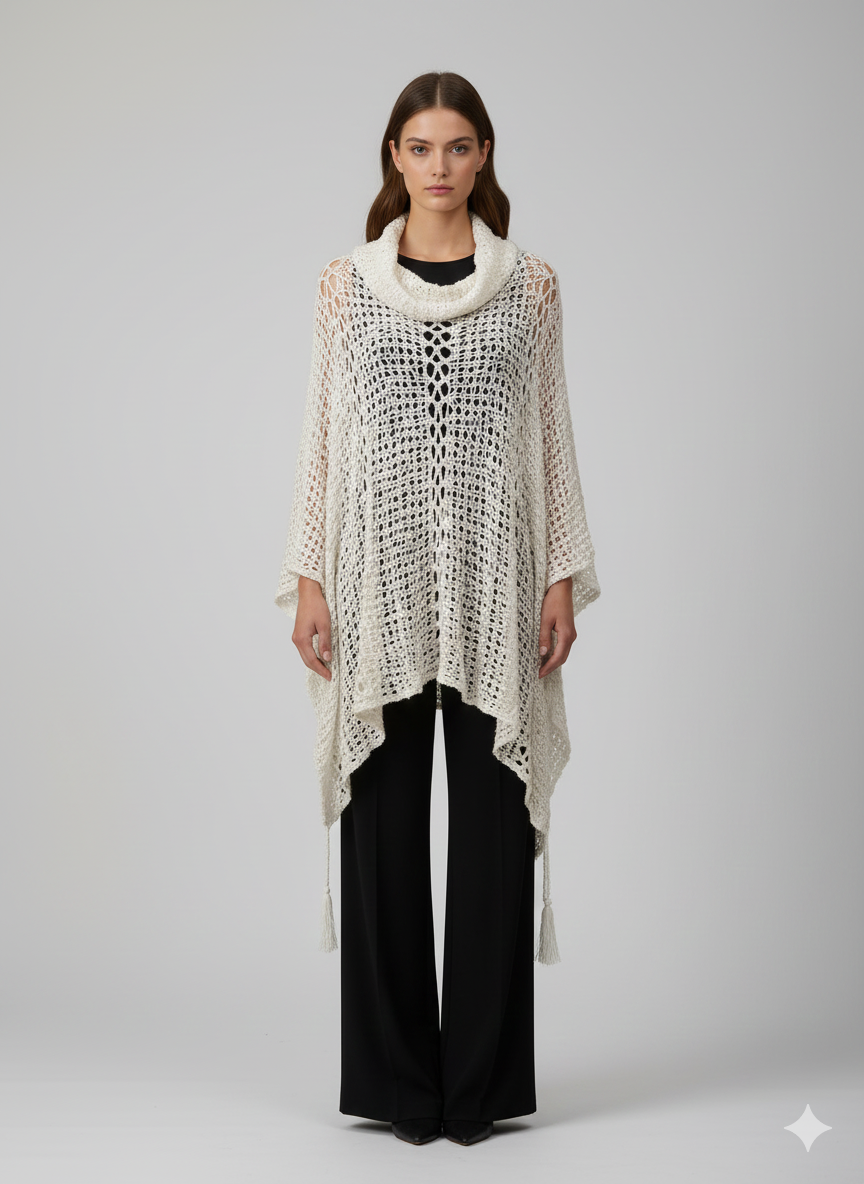 Womens Plus Size Boho Crochet Cowl Neck Knit Poncho Shawl Pullover Top Free Size 8 - 28 - WHITE