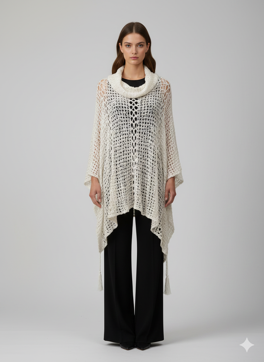 Womens Plus Size Boho Crochet Cowl Neck Knit Poncho Shawl Pullover Top Free Size 8 - 28 - WHITE