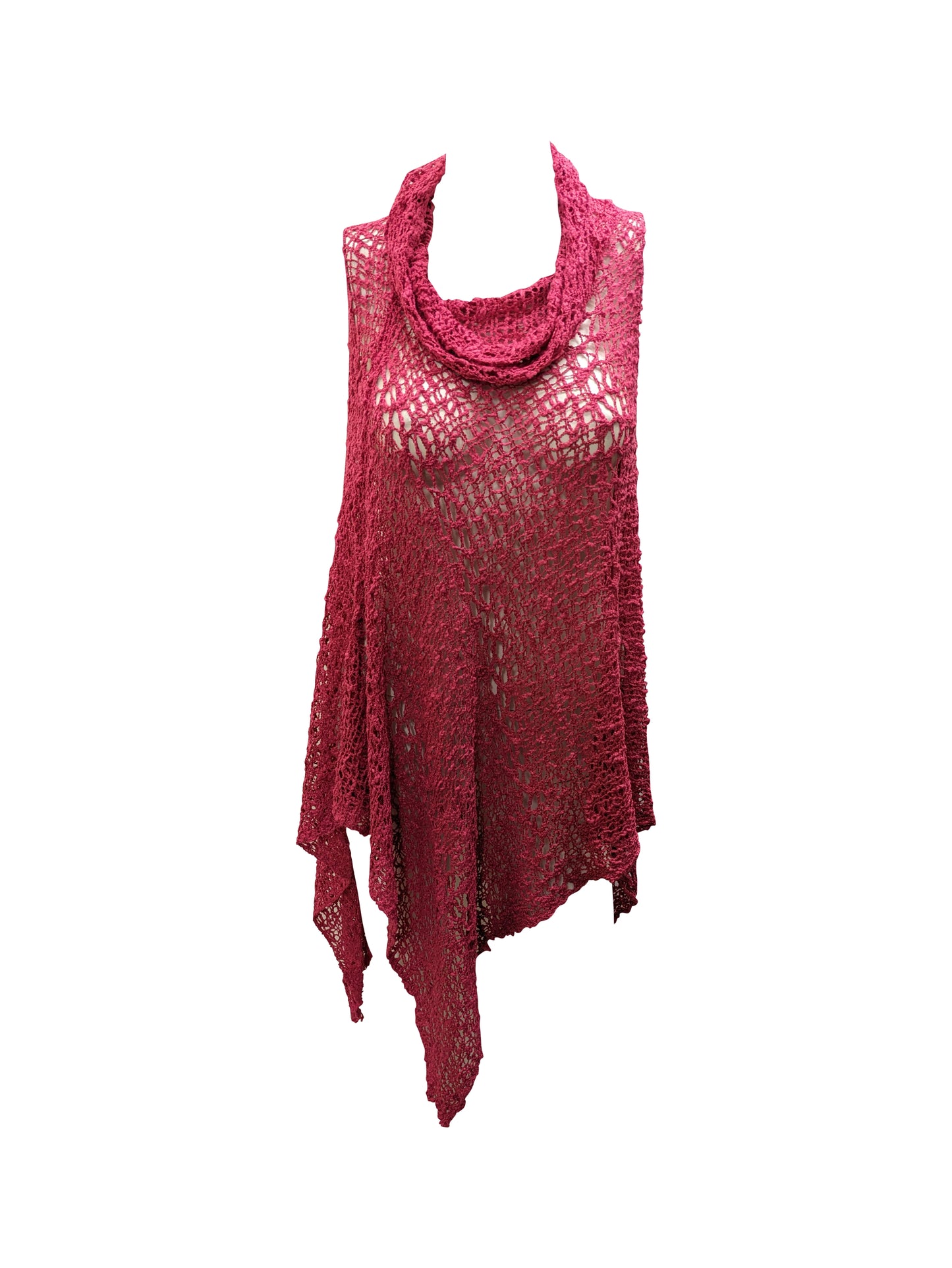 Womens Plus Size Boho Crochet Cowl Neck Knit Poncho Shawl Pullover Top Free Size 8 - 28 - RASPBERRY