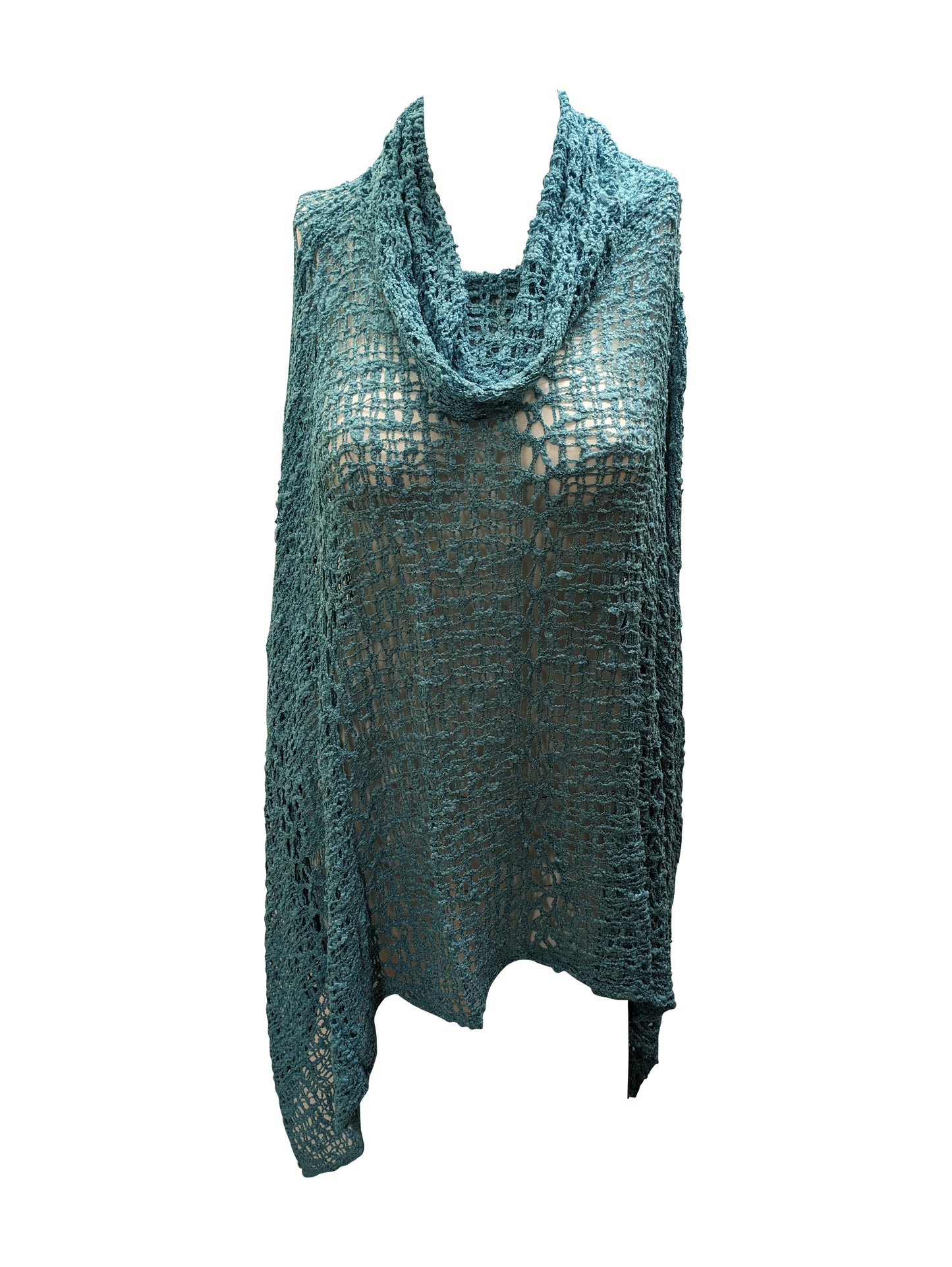 Womens Plus Size Boho Crochet Cowl Neck Knit Poncho Shawl Pullover Top Free Size 8 - 28 - TURQOUISE