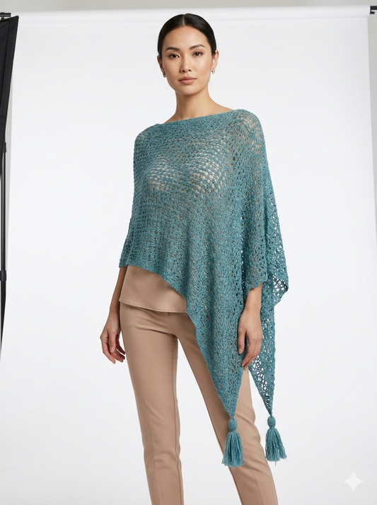 Womens Crochet Poncho Asymmetrical Boho Tassel Shawl Pullover Cover up Free Size 8-20 Turquoise