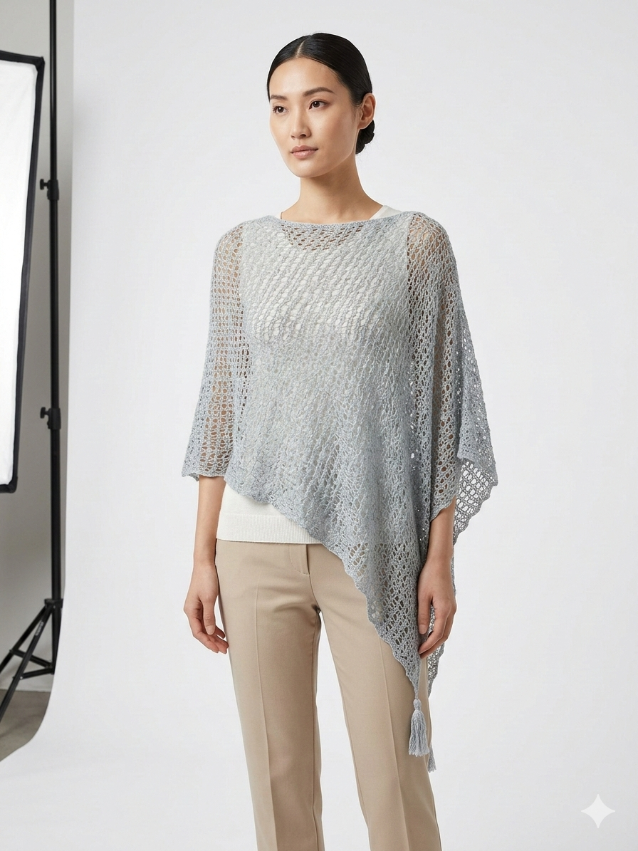 Womens Crochet Poncho Asymmetrical Boho Tassel Shawl Pullover Cover up Free Size 8-20 Powder Blue