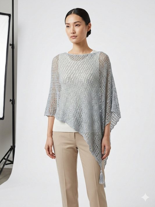 Womens Crochet Poncho Asymmetrical Boho Tassel Shawl Pullover Cover up Free Size 8-20 Powder Blue