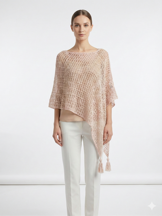 Womens Crochet Poncho Asymmetrical Boho Tassel Shawl Pullover Cover up Free Size 8-20 Baby Pink