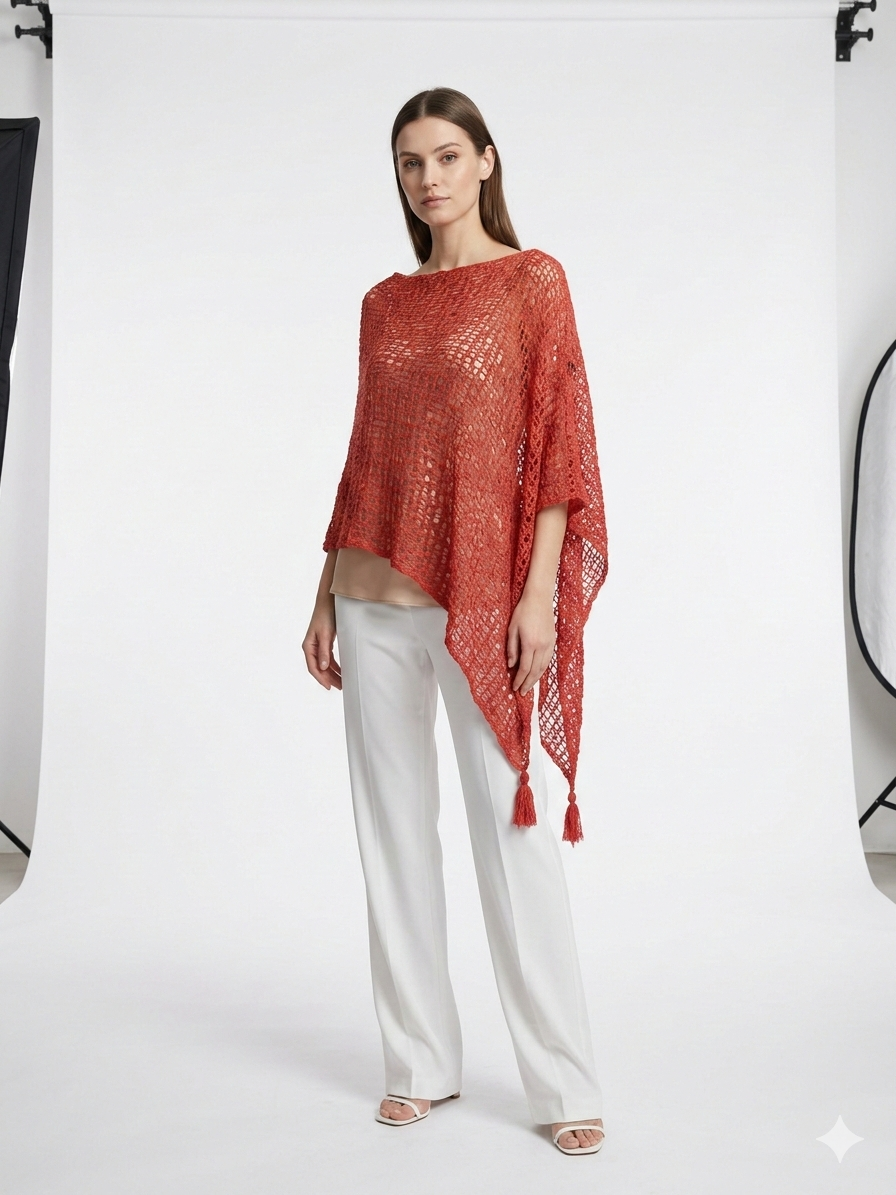 Womens Crochet Poncho Asymmetrical Boho Tassel Shawl Pullover Cover up Free Size 8-20 Coral