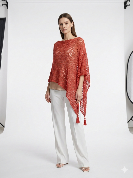 Womens Crochet Poncho Asymmetrical Boho Tassel Shawl Pullover Cover up Free Size 8-20 Coral