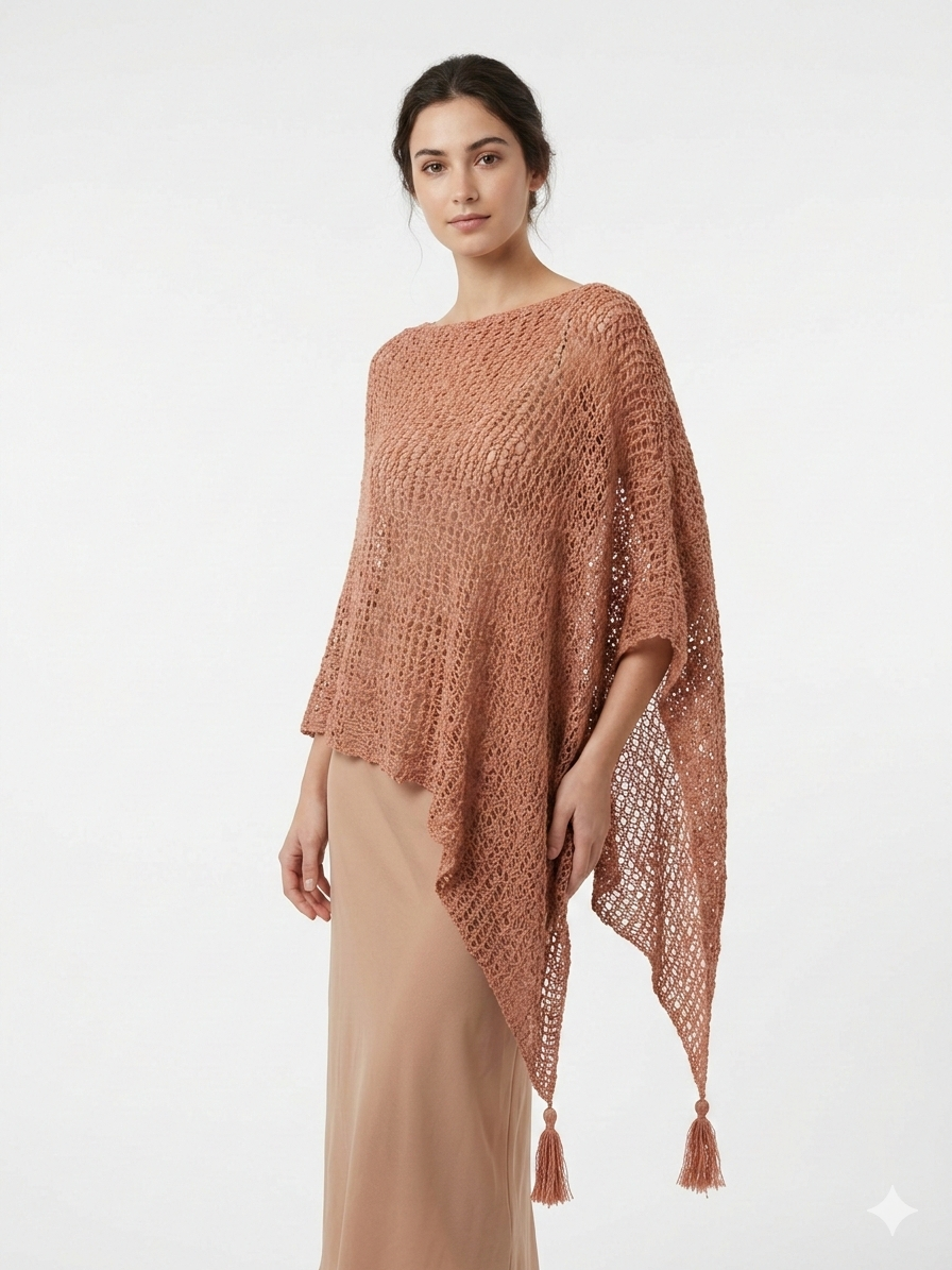 Womens Crochet Poncho Asymmetrical Boho Tassel Shawl Pullover Cover up Free Size 8-20 Dusty Pink