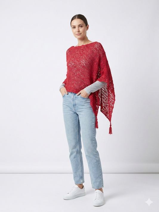 Womens Crochet Poncho Asymmetrical Boho Tassel Shawl Pullover Cover up Free Size 8-20 Hot  Pink