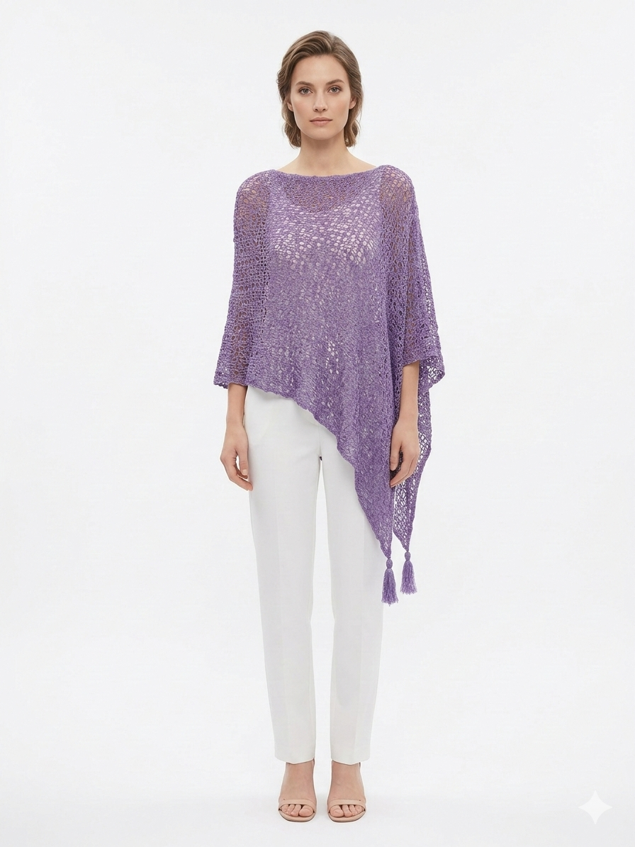 Womens Crochet Poncho Asymmetrical Boho Tassel Shawl Pullover Cover up Free Size 8-20 Lilac