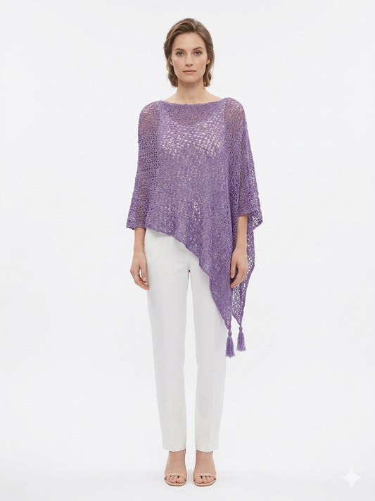 Womens Crochet Poncho Asymmetrical Boho Tassel Shawl Pullover Cover up Free Size 8-20 Lilac