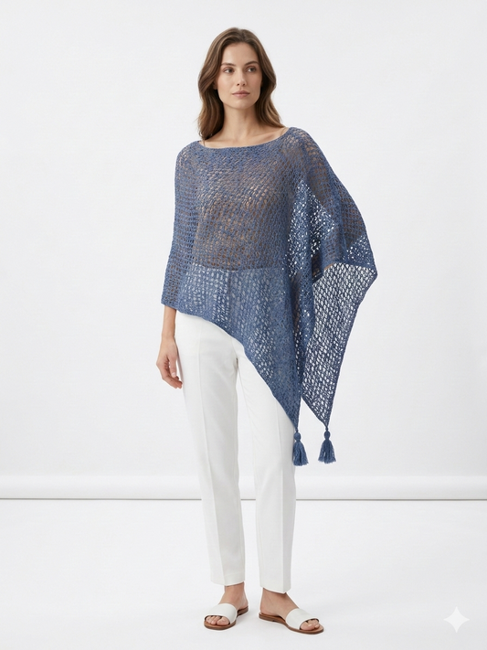Womens Crochet Poncho Asymmetrical Boho Tassel Shawl Pullover Cover up Free Size 8-20 Mid Blue