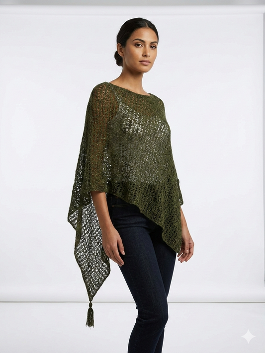 Womens Crochet Poncho Asymmetrical Boho Tassel Shawl Pullover Cover up Free Size 8-20 Olive