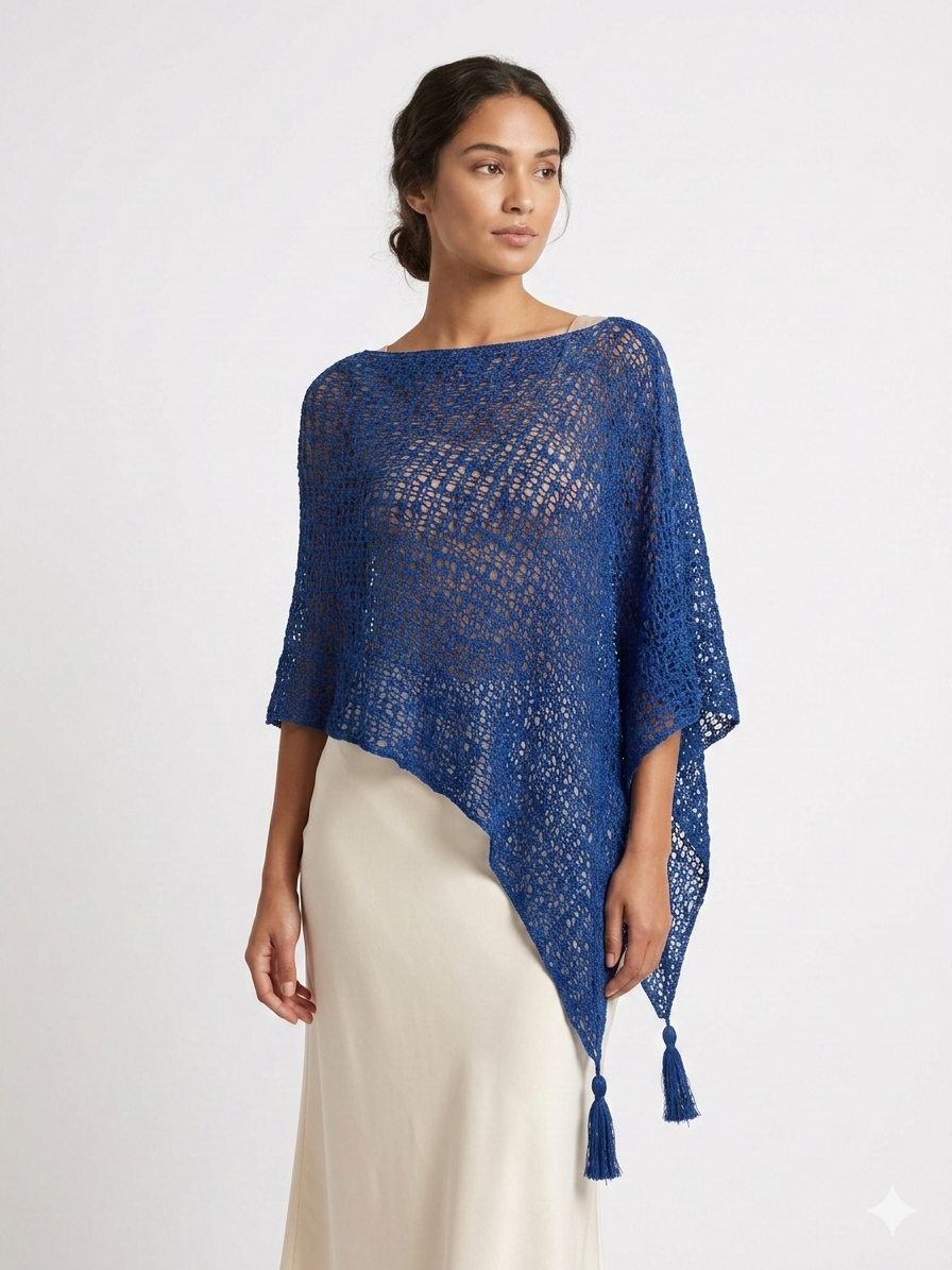 Womens Crochet Poncho Asymmetrical Boho Tassel Shawl Pullover Cover up Free Size 8-20 Royal Blue