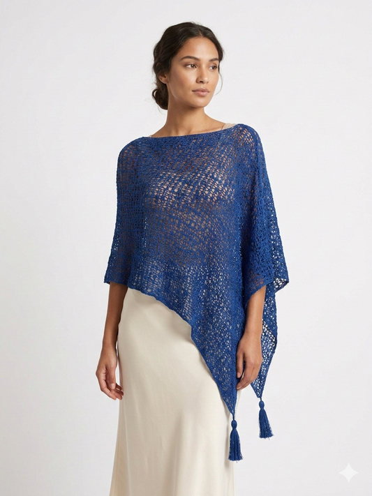 Womens Crochet Poncho Asymmetrical Boho Tassel Shawl Pullover Cover up Free Size 8-20 Royal Blue