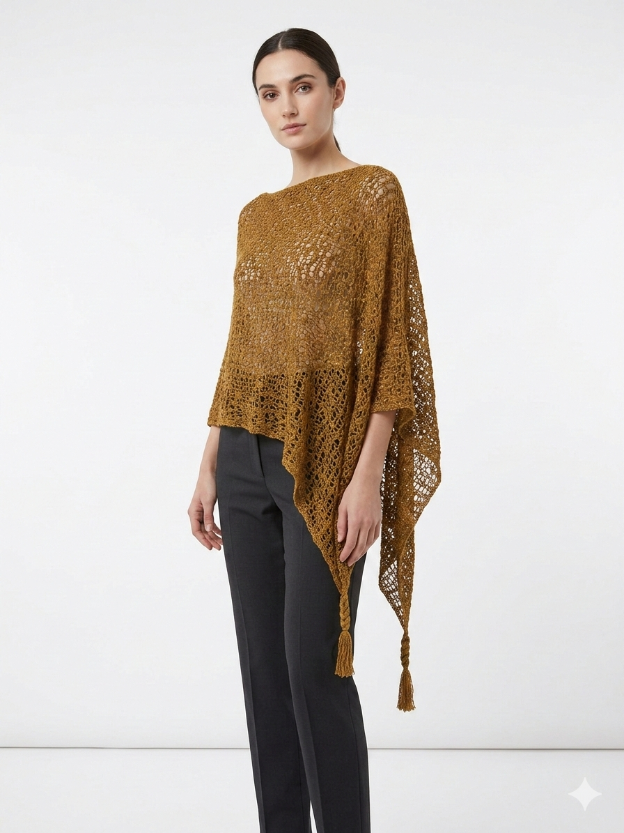 Womens Crochet Poncho Asymmetrical Boho Tassel Shawl Pullover Cover up Free Size 8-20 Rust