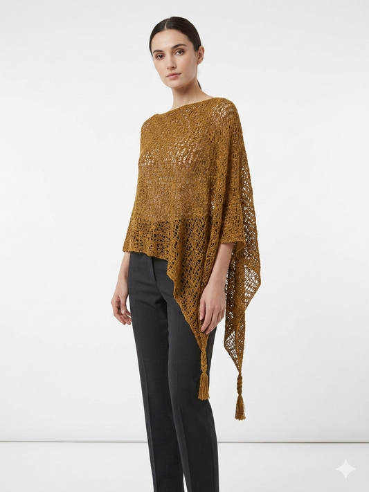 Womens Crochet Poncho Asymmetrical Boho Tassel Shawl Pullover Cover up Free Size 8-20 Rust