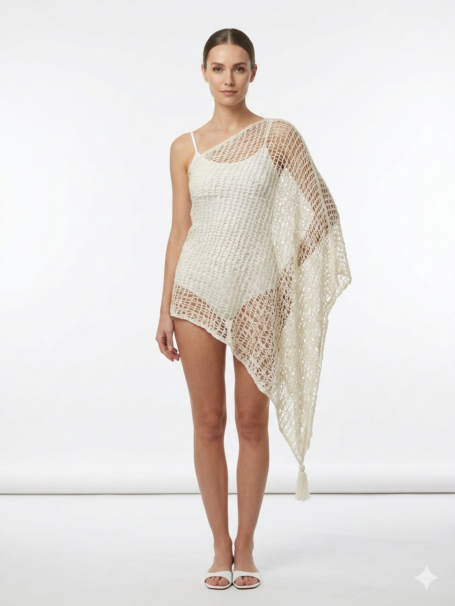 Womens Crochet Poncho Asymmetrical Boho Tassel Shawl Pullover Cover up Free Size 8-20 White