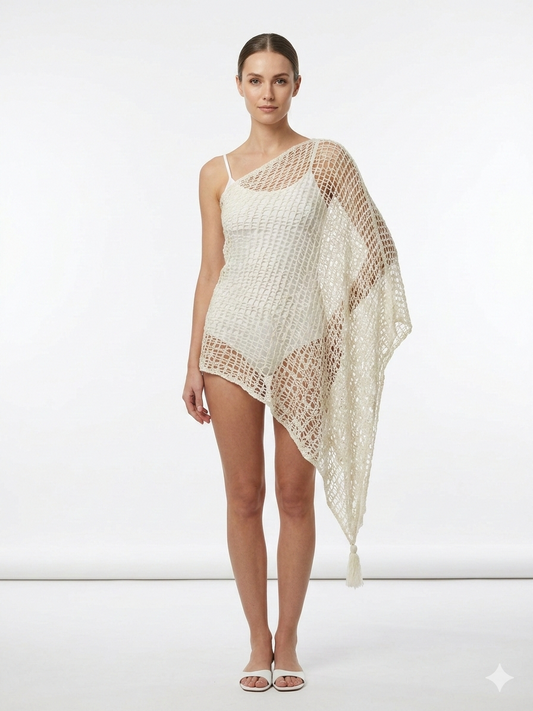Womens Crochet Poncho Asymmetrical Boho Tassel Shawl Pullover Cover up Free Size 8-20 White