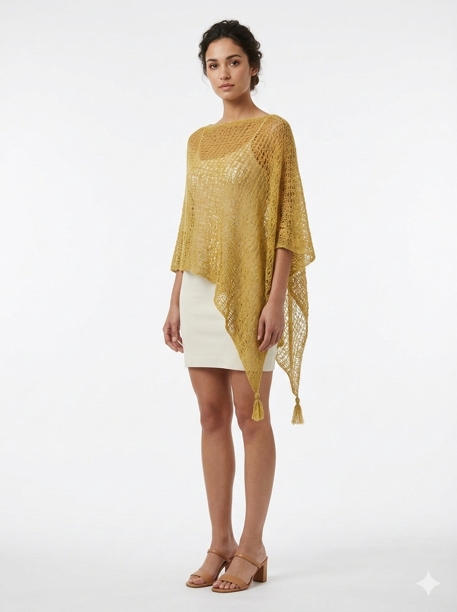 Womens Crochet Poncho Asymmetrical Boho Tassel Shawl Pullover Cover up Free Size 8-20 Yellow