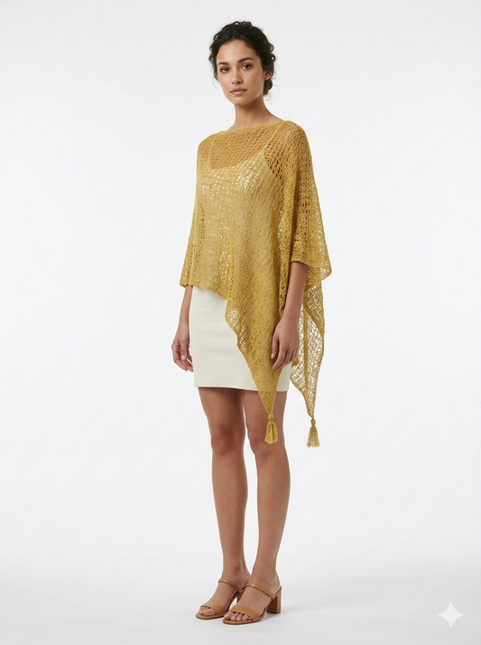 Womens Crochet Poncho Asymmetrical Boho Tassel Shawl Pullover Cover up Free Size 8-20 Yellow