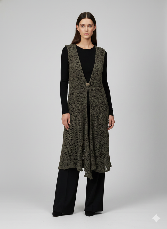 Womens Handmade Boho Crochet Sleeveless Knit Cardigan Longline Jacket Free Size One Size UK 8-20 Khaki
