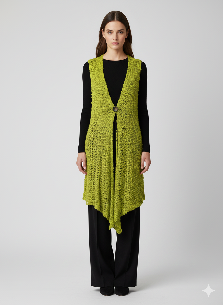 Womens Handmade Boho Crochet Sleeveless Knit Cardigan Longline Jacket Free Size One Size UK 8-20 Lime