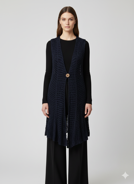 Womens Handmade Boho Crochet Sleeveless Knit Cardigan Longline Jacket Free Size One Size UK 8-20 Navy
