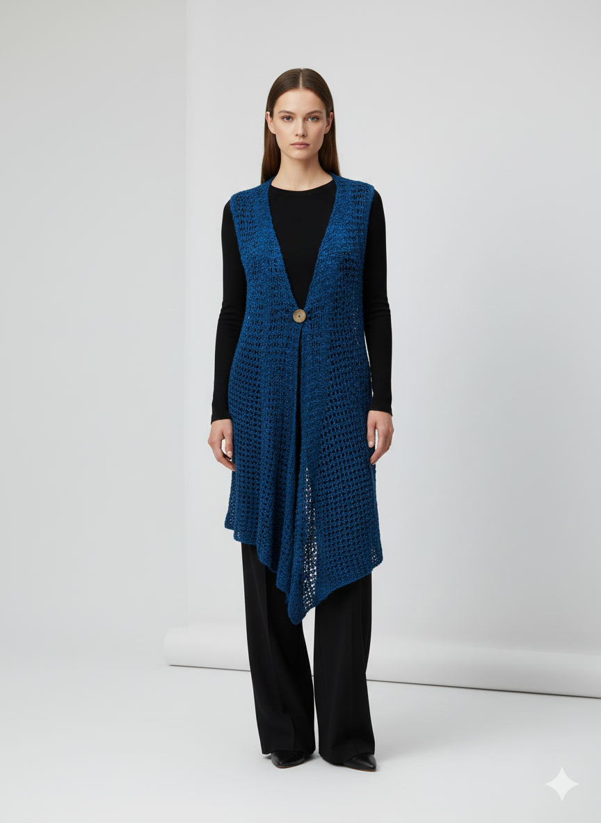 Womens Handmade Boho Crochet Sleeveless Knit Cardigan Longline Jacket Free Size One Size UK 8-20 Petrol blue