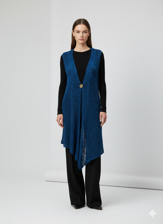Womens Handmade Boho Crochet Sleeveless Knit Cardigan Longline Jacket Free Size One Size UK 8-20 Petrol blue