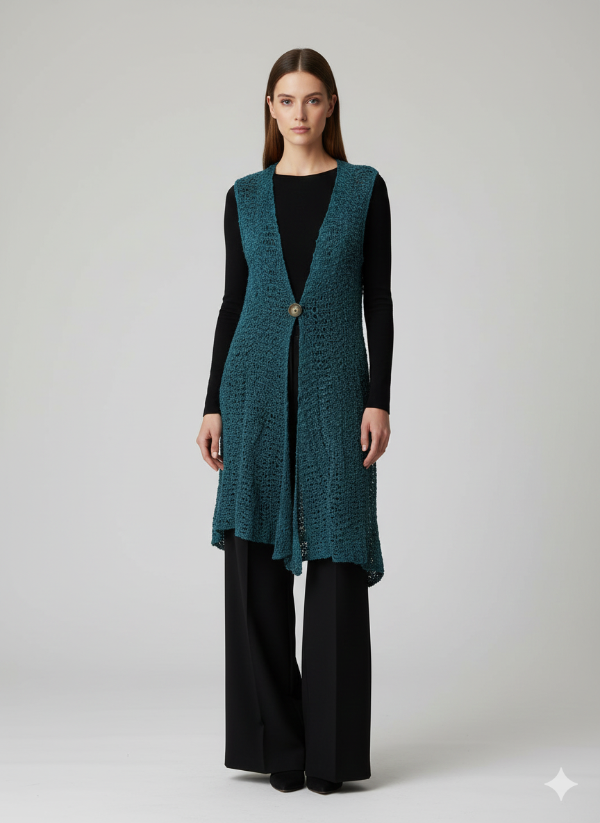Womens Handmade Boho Crochet Sleeveless Knit Cardigan Longline Jacket Free Size One Size UK 8-20 Turquoise