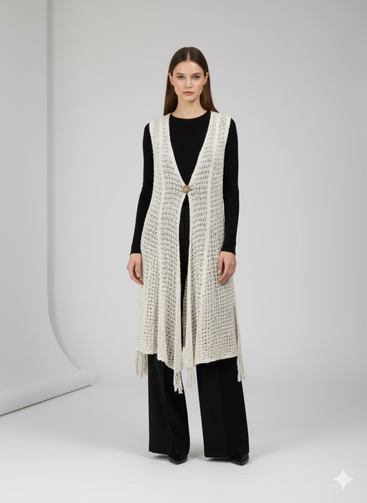 Womens Handmade Boho Crochet Sleeveless Knit Cardigan Longline Jacket Free Size One Size UK 8-20 White