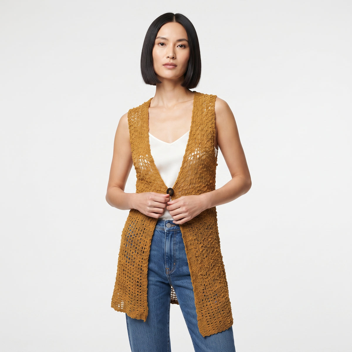 Womens Handmade Boho Crochet Sleeveless Knit Cardigan Longline Jacket Free Size One Size UK 8-20 Gold