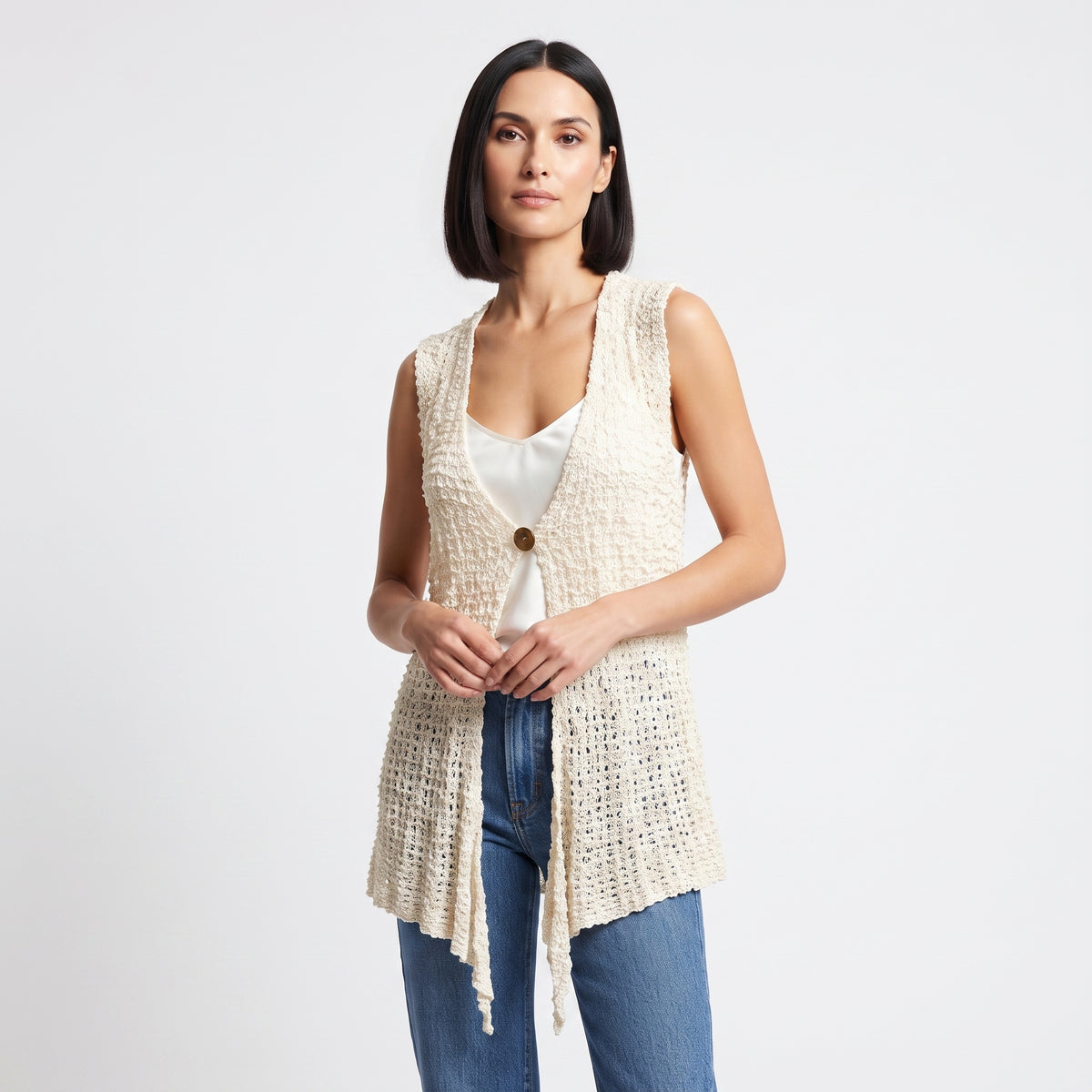 Womens Handmade Boho Crochet Sleeveless Knit Cardigan Longline Jacket Free Size One Size UK 8-20 Ivory