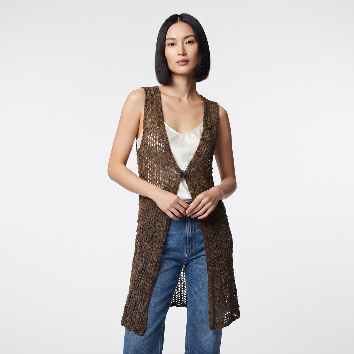 Womens Handmade Boho Crochet Sleeveless Knit Cardigan Longline Jacket Free Size One Size UK 8-20 latte