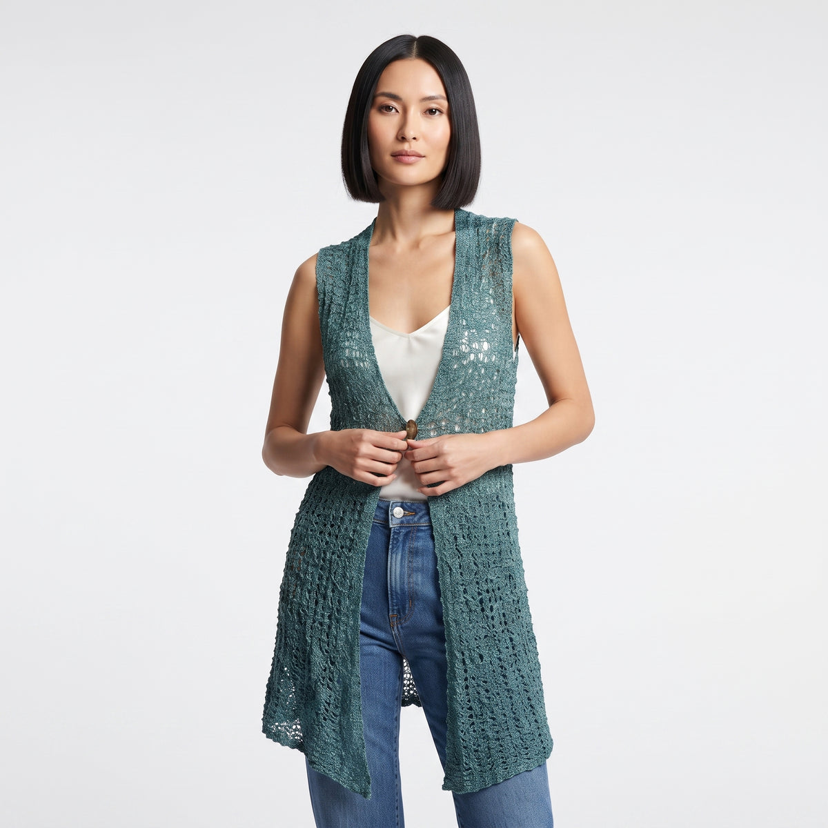 Womens Handmade Boho Crochet Sleeveless Knit Cardigan Longline Jacket Free Size One Size UK 8-20 Turquoise