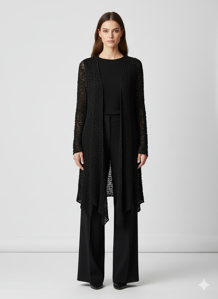 Womens Handmade Boho Crochet Long Sleeve Knit Cardigan Longline Jacket Free Size One Size UK 8-20 - BLACK