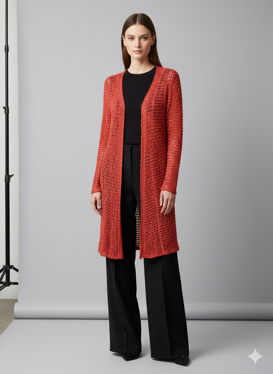 Womens Handmade Boho Crochet Long Sleeve Knit Cardigan Longline Jacket Free Size One Size UK 8-20 - CORAL