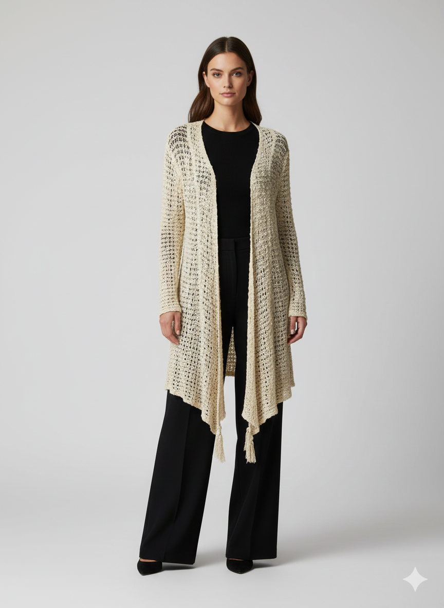 Womens Handmade Boho Crochet Long Sleeve Knit Cardigan Longline Jacket Free Size One Size UK 8-20 - IVORY