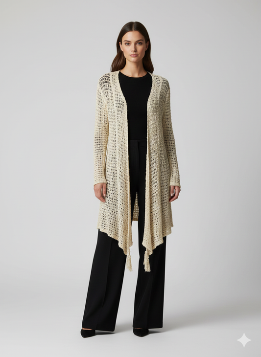 Womens Handmade Boho Crochet Long Sleeve Knit Cardigan Longline Jacket Free Size One Size UK 8-20 - IVORY