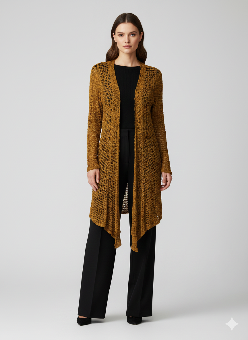 Womens Handmade Boho Crochet Long Sleeve Knit Cardigan Longline Jacket Free Size One Size UK 8-20 - GOLD