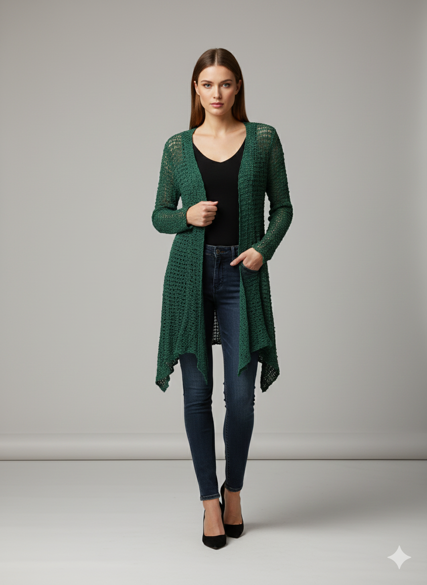 Womens Handmade Boho Crochet Long Sleeve Knit Cardigan Longline Jacket Free Size One Size UK 8-20 - JADE