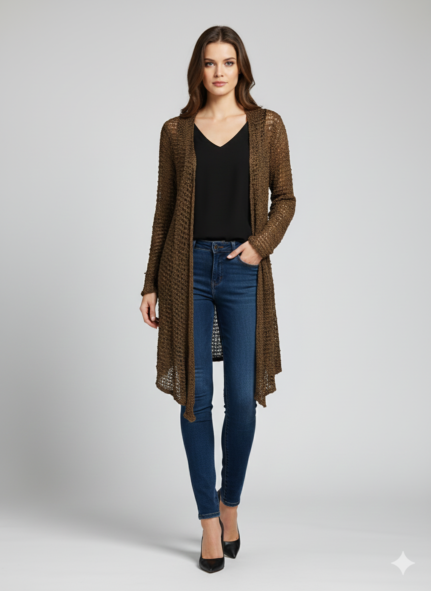 Womens Handmade Boho Crochet Long Sleeve Knit Cardigan Longline Jacket Free Size One Size UK 8-20 - LATTE