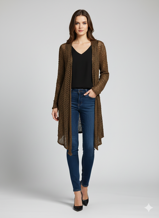 Womens Handmade Boho Crochet Long Sleeve Knit Cardigan Longline Jacket Free Size One Size UK 8-20 - LATTE