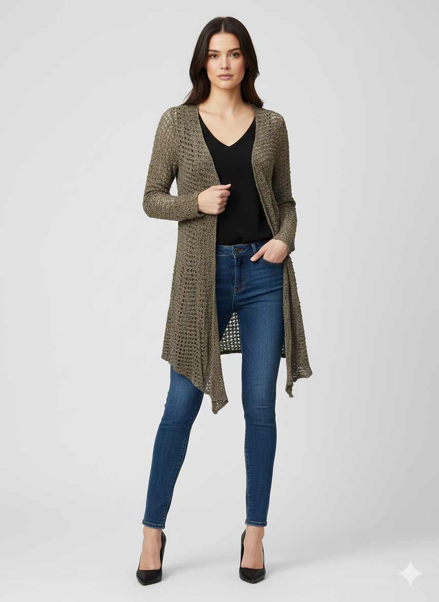 Womens Handmade Boho Crochet Long Sleeve Knit Cardigan Longline Jacket Free Size One Size UK 8-20 - LIGHT GREY