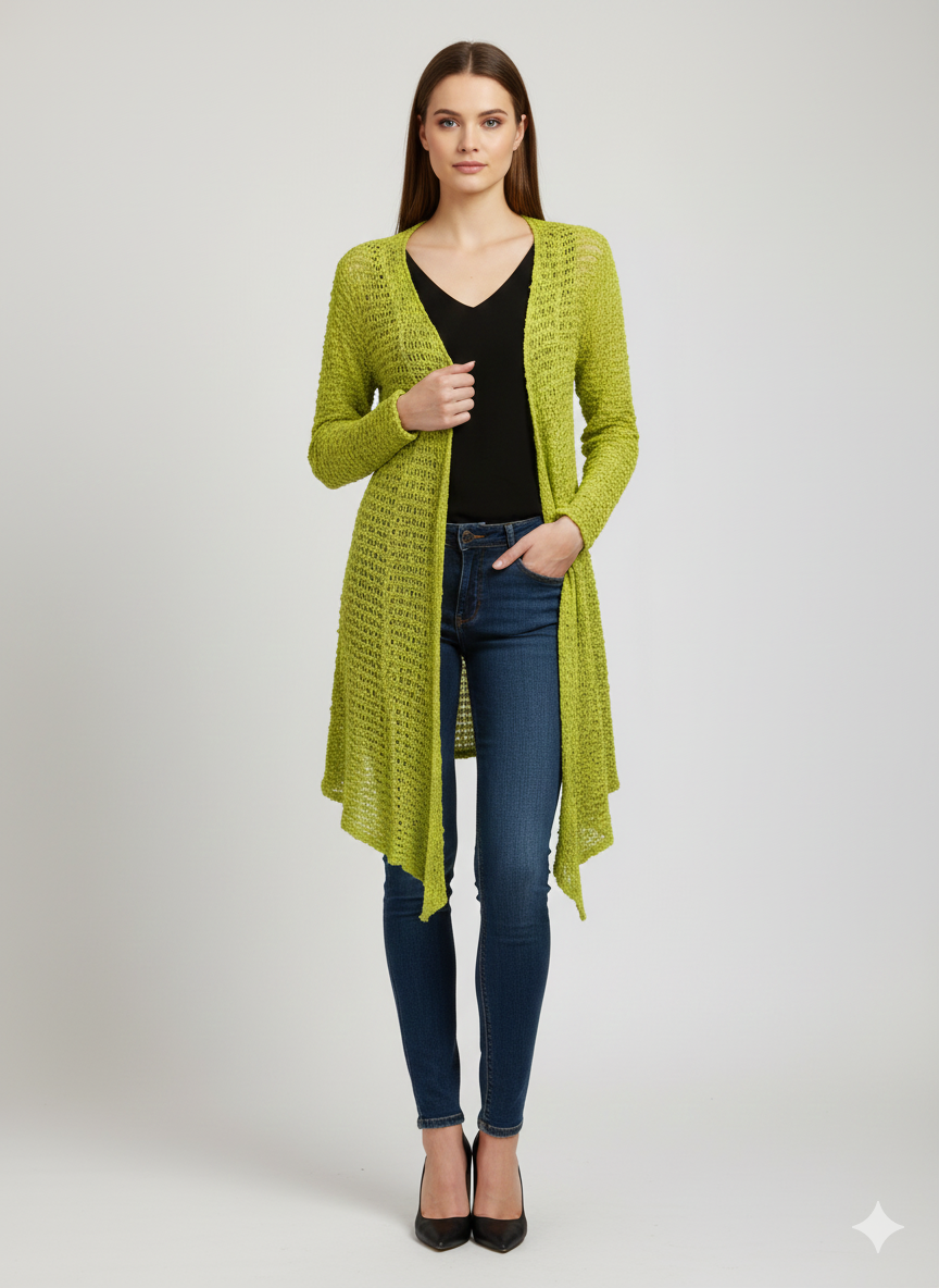 Womens Handmade Boho Crochet Long Sleeve Knit Cardigan Longline Jacket Free Size One Size UK 8-20 - LIME