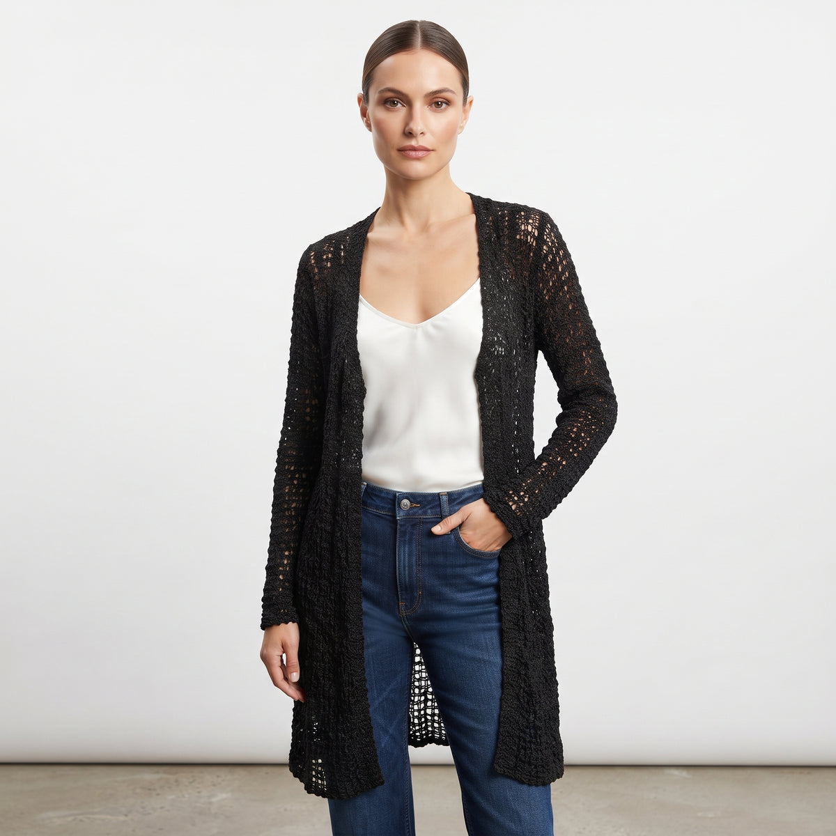 Womens Handmade Boho Crochet Long Sleeve Knit Cardigan Longline Jacket Free Size One Size UK 8-20 - BLACK