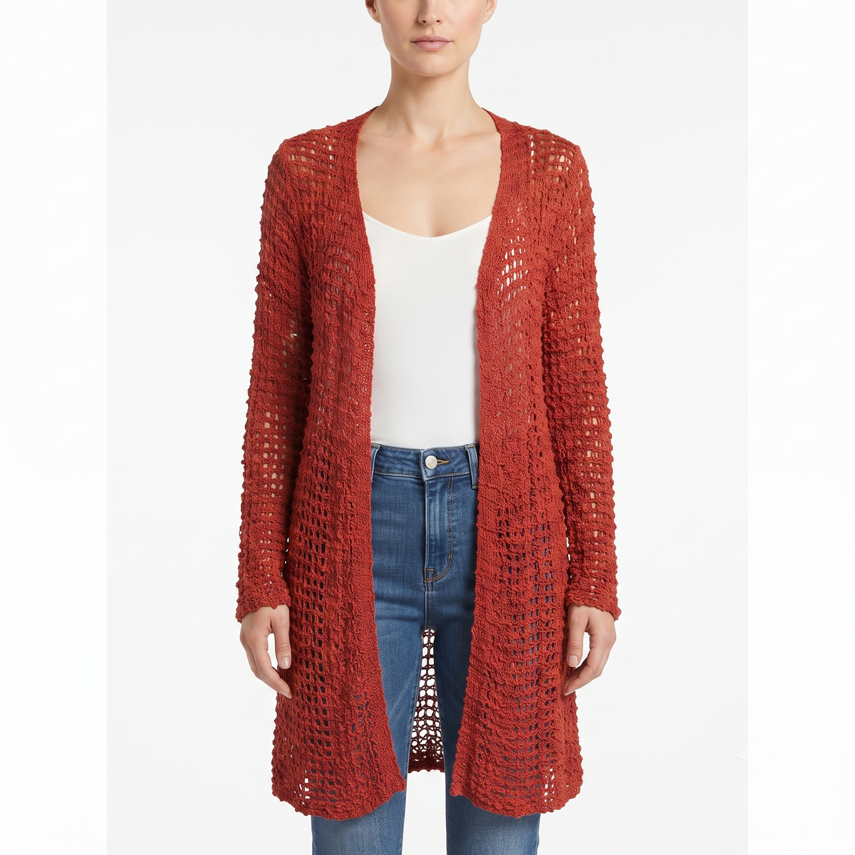 Womens Handmade Boho Crochet Long Sleeve Knit Cardigan Longline Jacket Free Size One Size UK 8-20 - CORAL